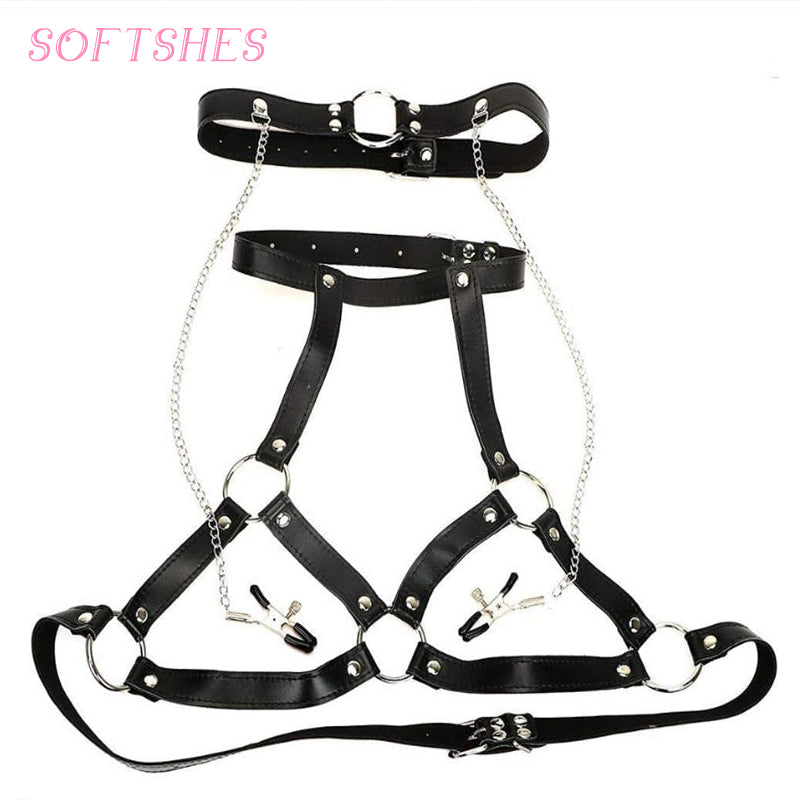 Sm Leather Breast-Baring Breast Clip Set M009