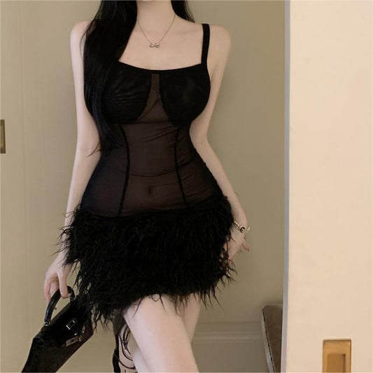 Mesh plush little black dress SS3300