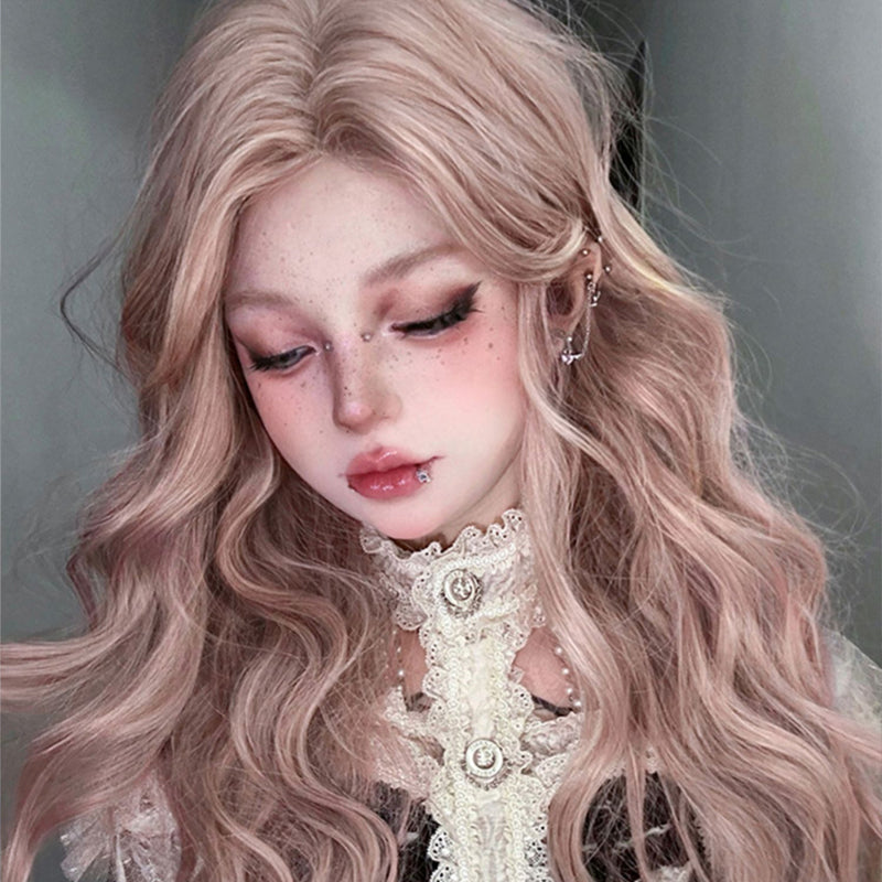 Peach pink curly wig W012