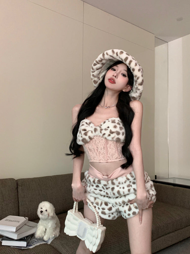 Leopard fishbone tube top + leopard bow shorts SS3398