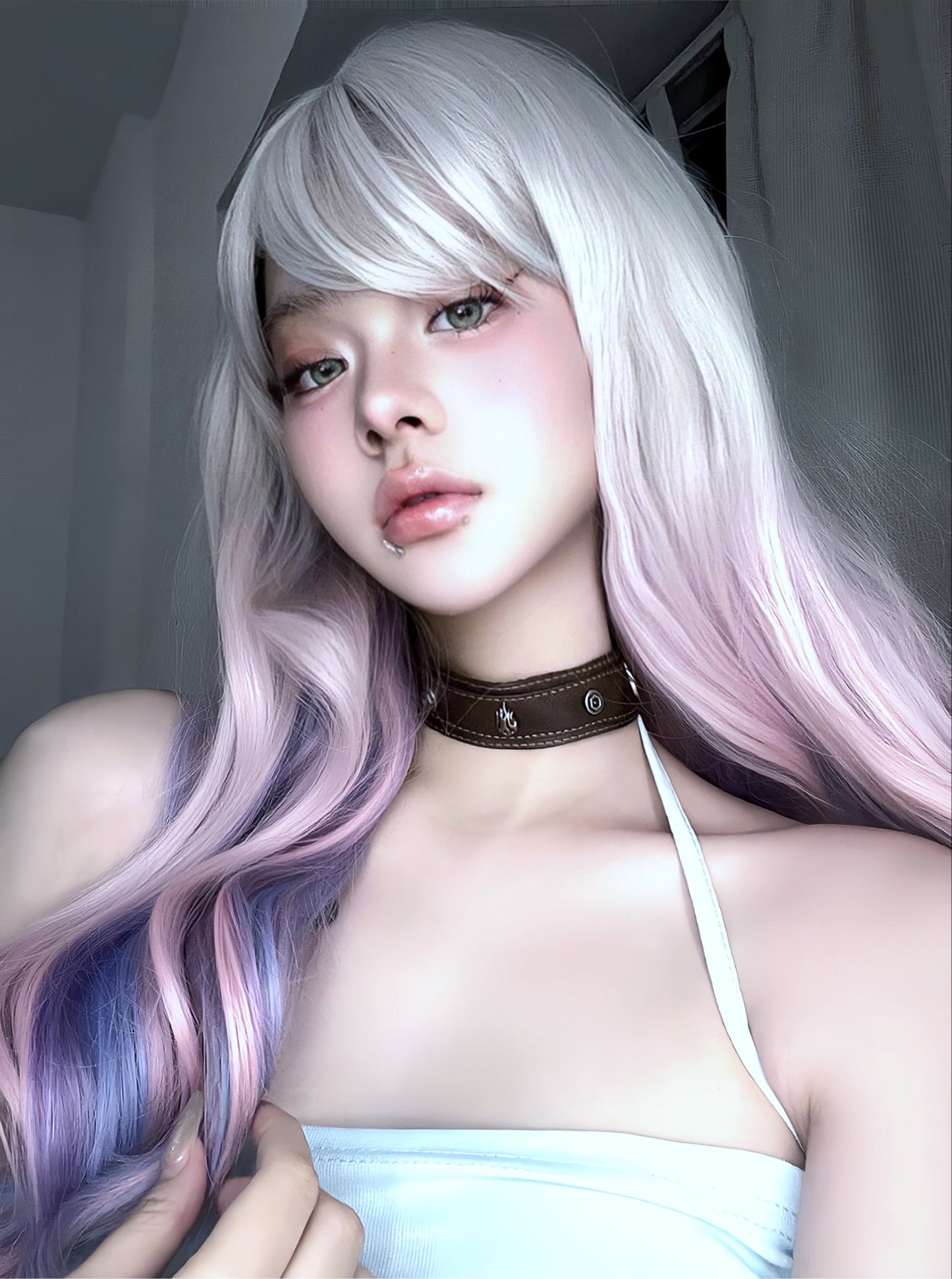 Silver purple gradient roll wig W006