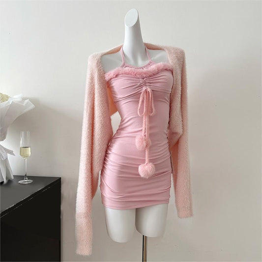 Pink knitted dress suit H005