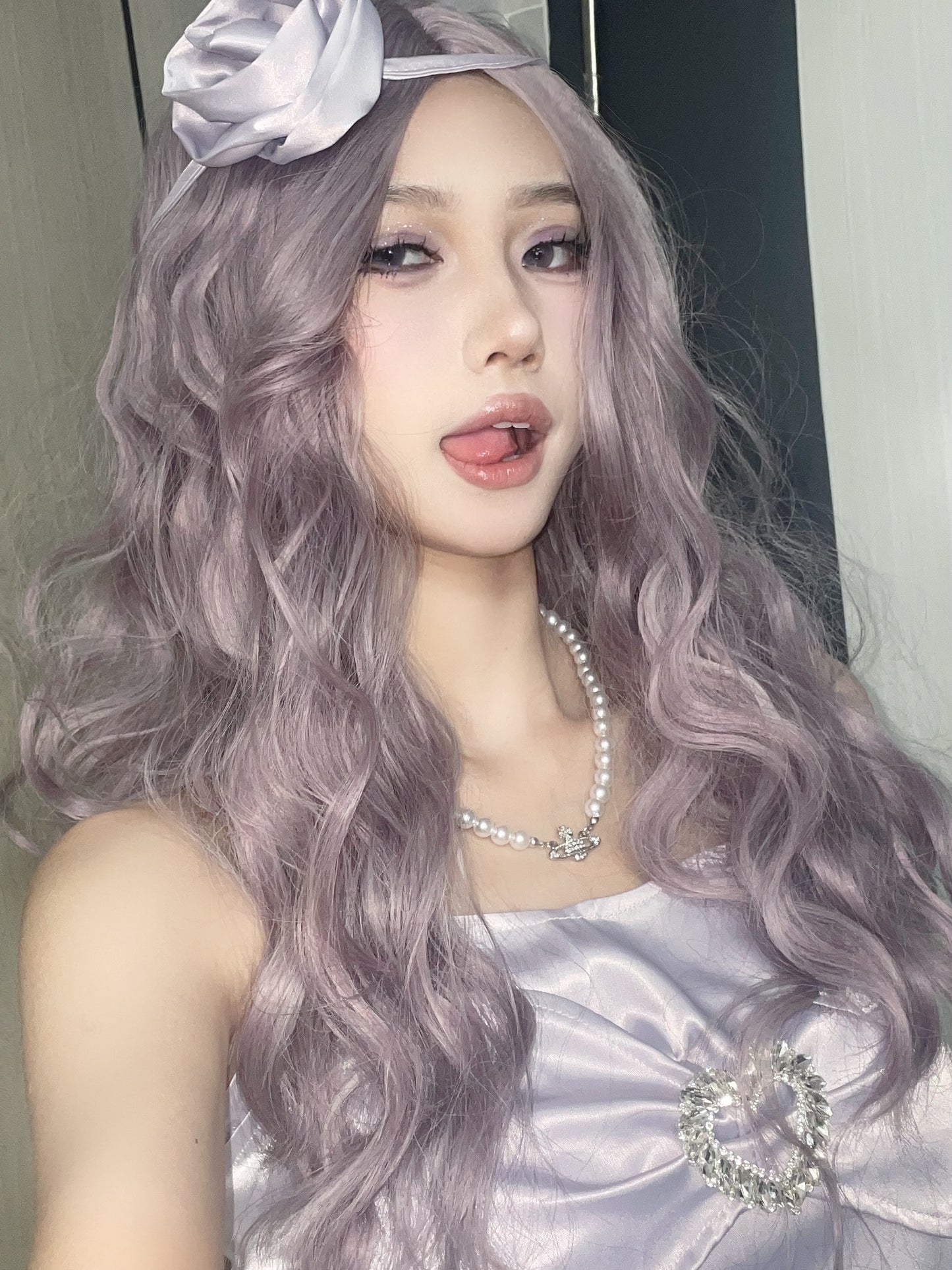 Purple curly wig W005