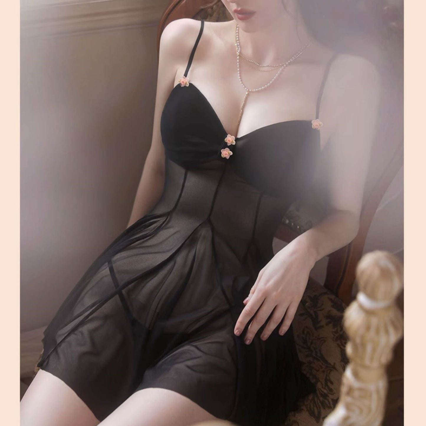 Silk mesh suspender nightgown S076