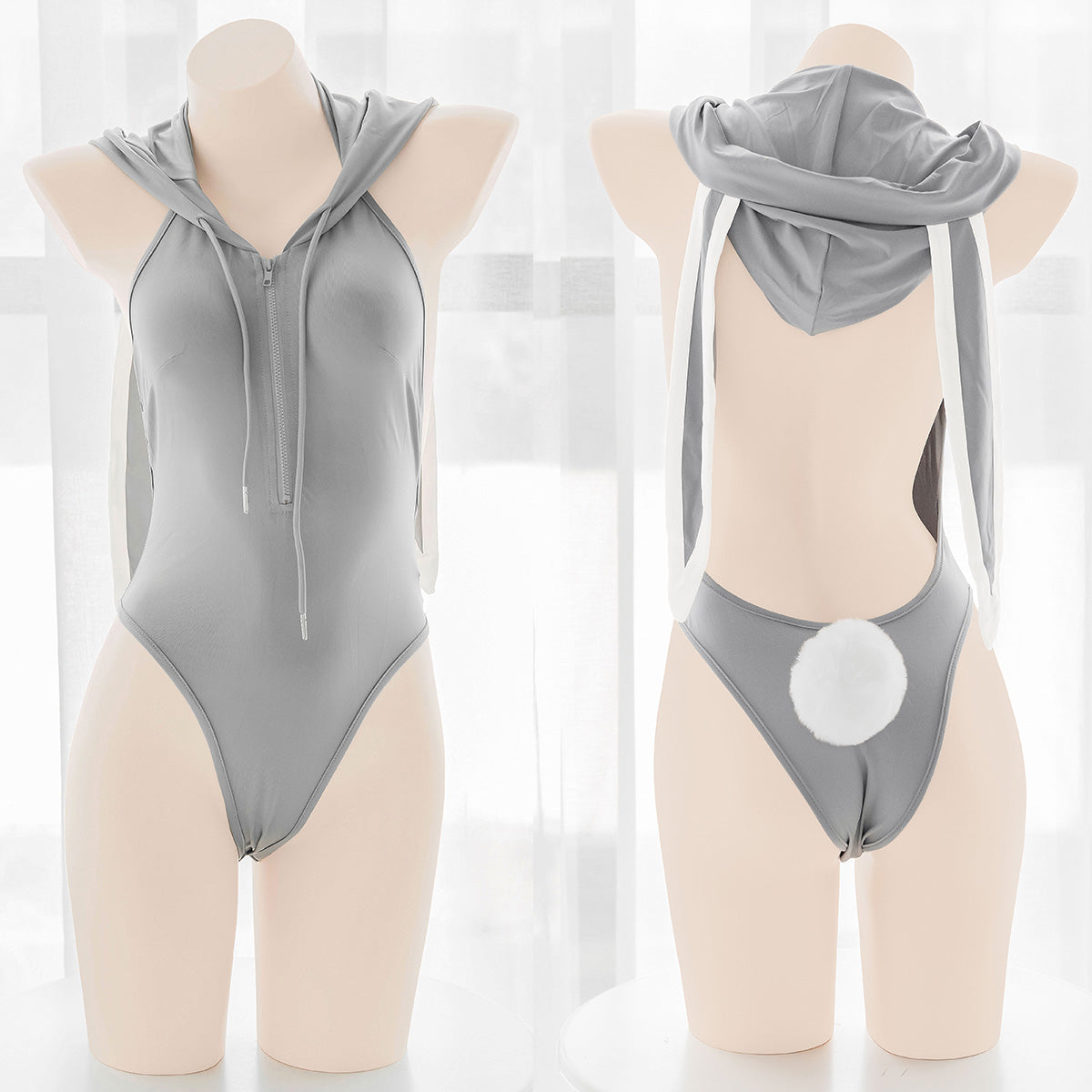 GREY RABBIT EARS HALTER BODYSUIT SS3544