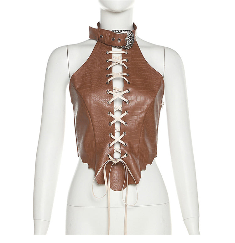 Brown hollow PU vest SS3397