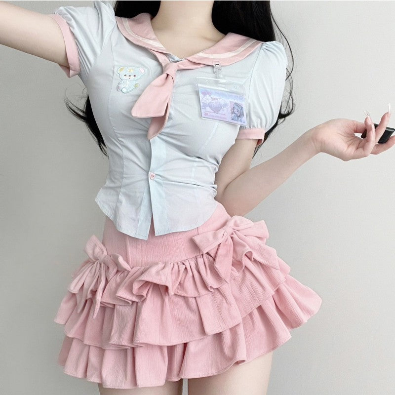 Sweet Puff Sleeve Shirt + Cake Skirt H008