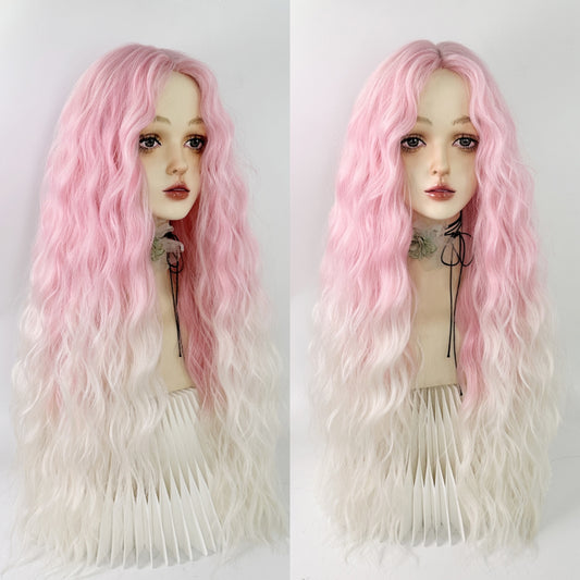 Pink and white wool curly wig W003