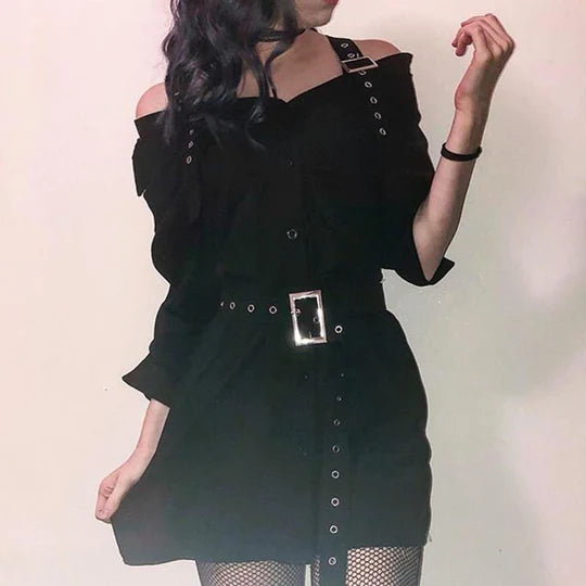 Black Gothic Off Shoulder Shirt Dress  ss2922