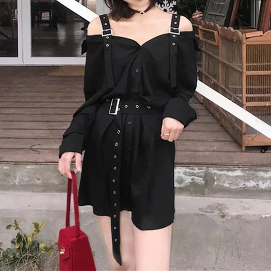 Black Gothic Off Shoulder Shirt Dress  ss2922