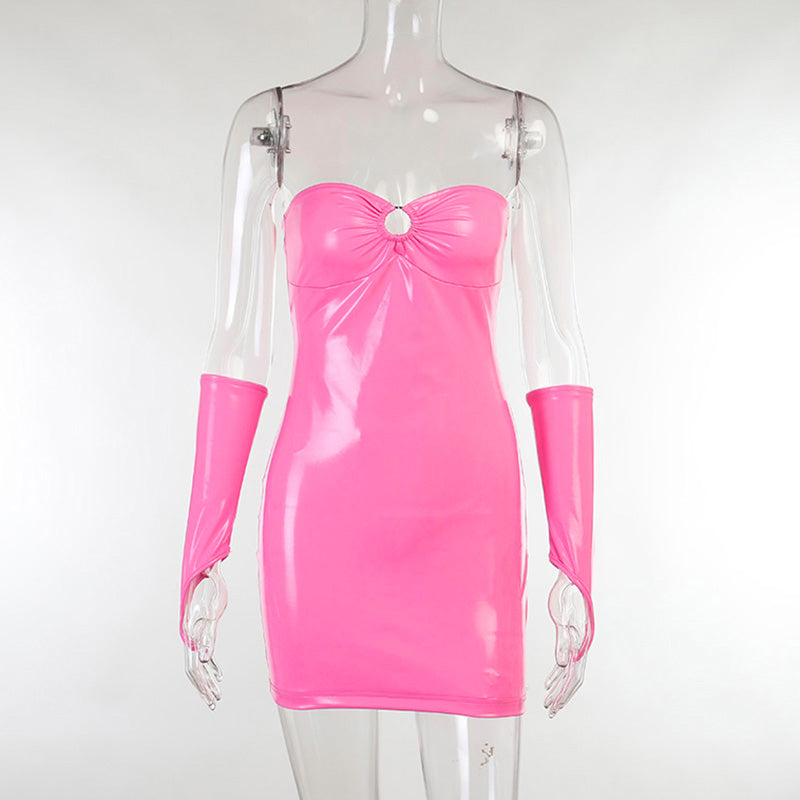 PINK PU leather tube top dress SS2667