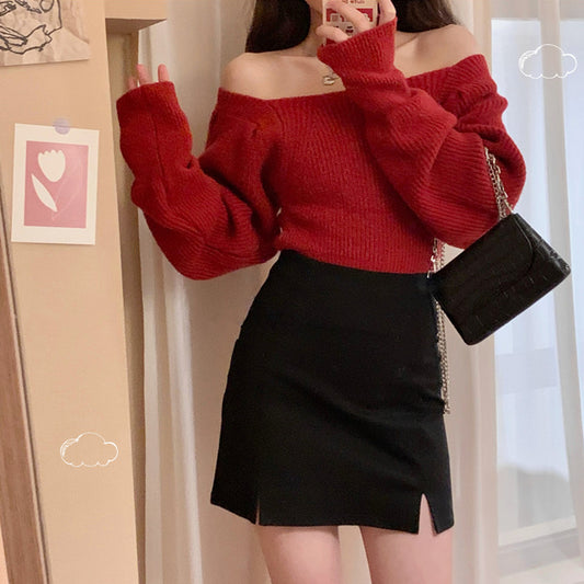 Knit sweater and black skirt SS2389