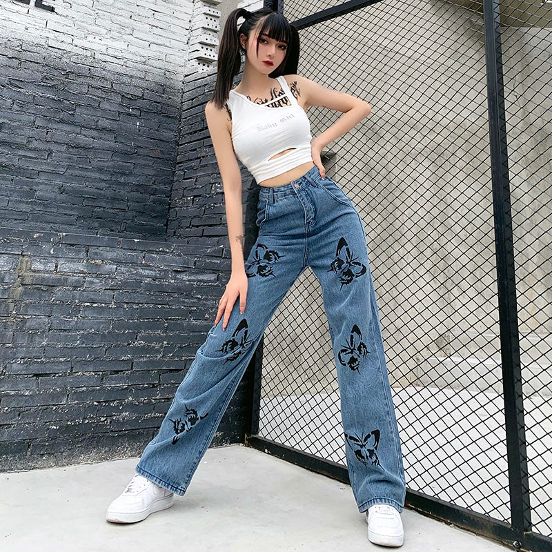 Butterfly print high-rise jeans SS2322