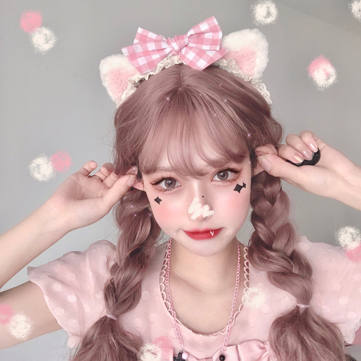 Cute plaid bowknot cat ear plush hair band WS3004