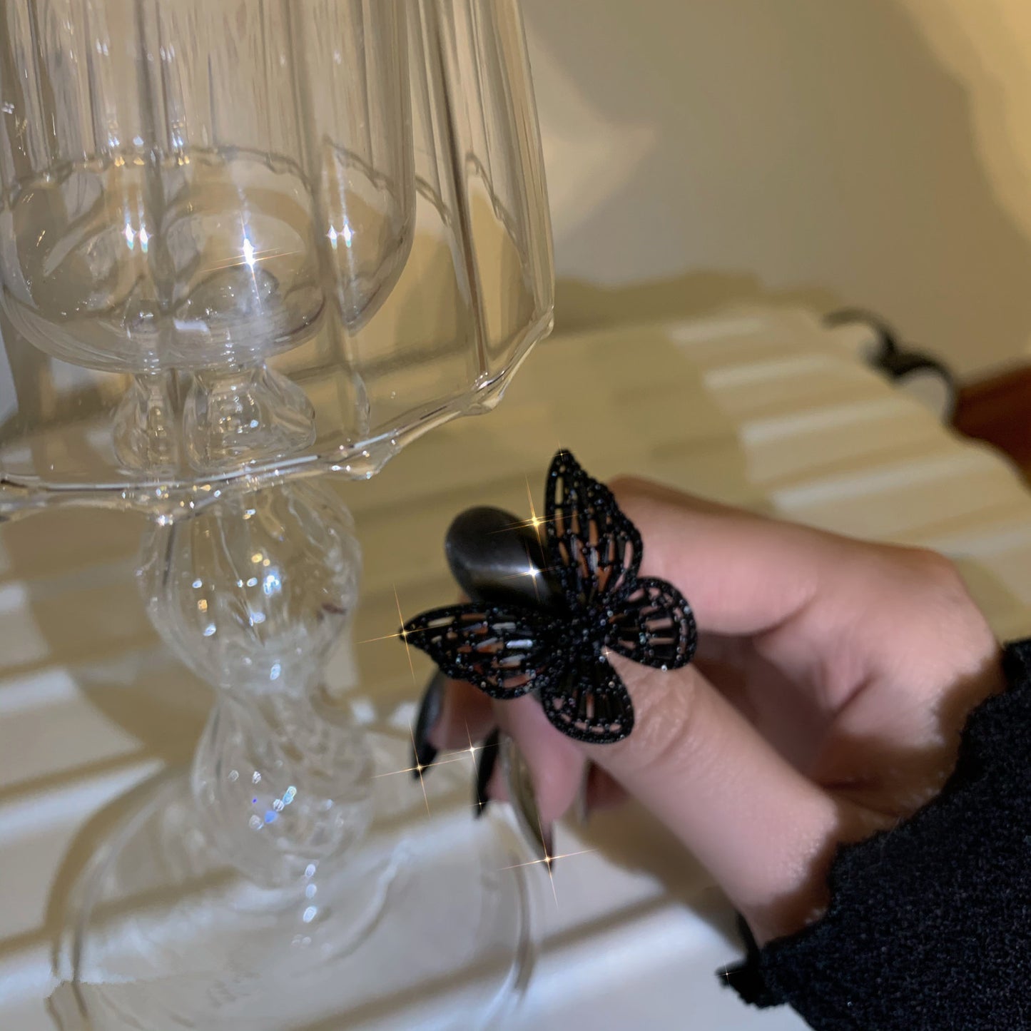 Dark Cool Girl Black Diamond Butterfly Ring SS2444