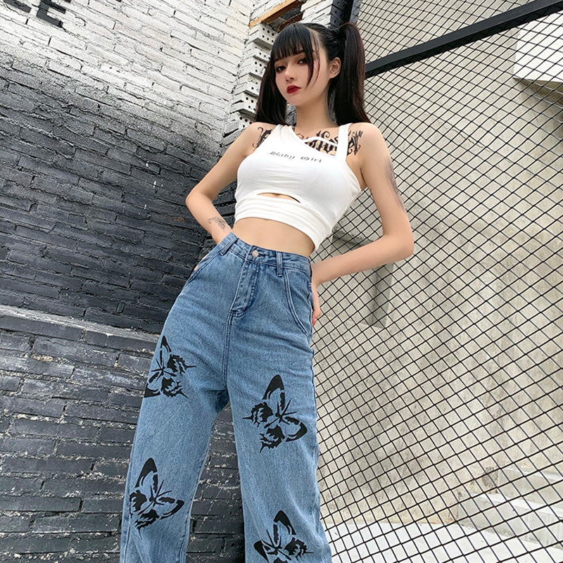 Butterfly print high-rise jeans SS2322