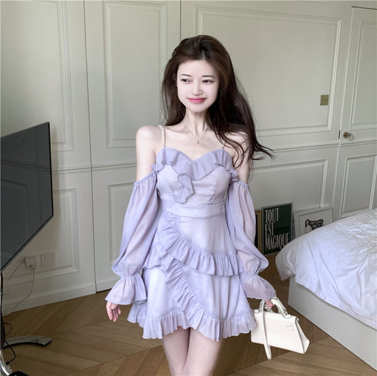 Temperament purple suspender dress SS2675