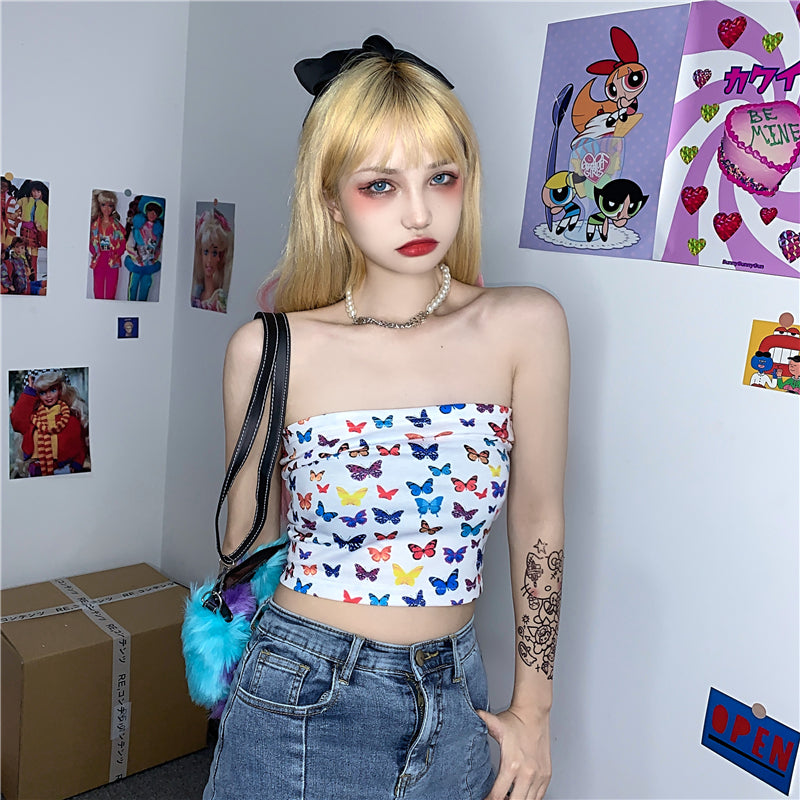 Harajuku color butterfly tube top SS2430