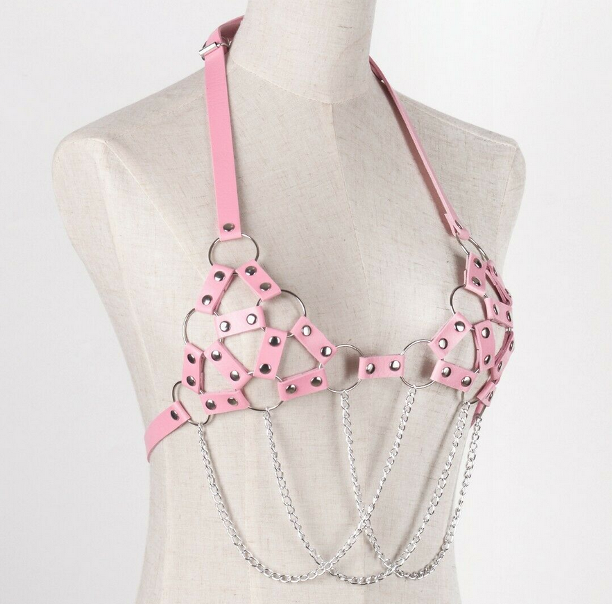 Pink strappy chain leather top SS2691