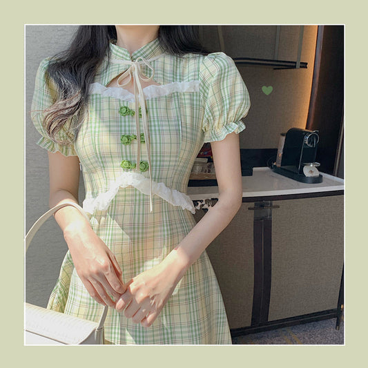 French green check cheongsam dress SS2568