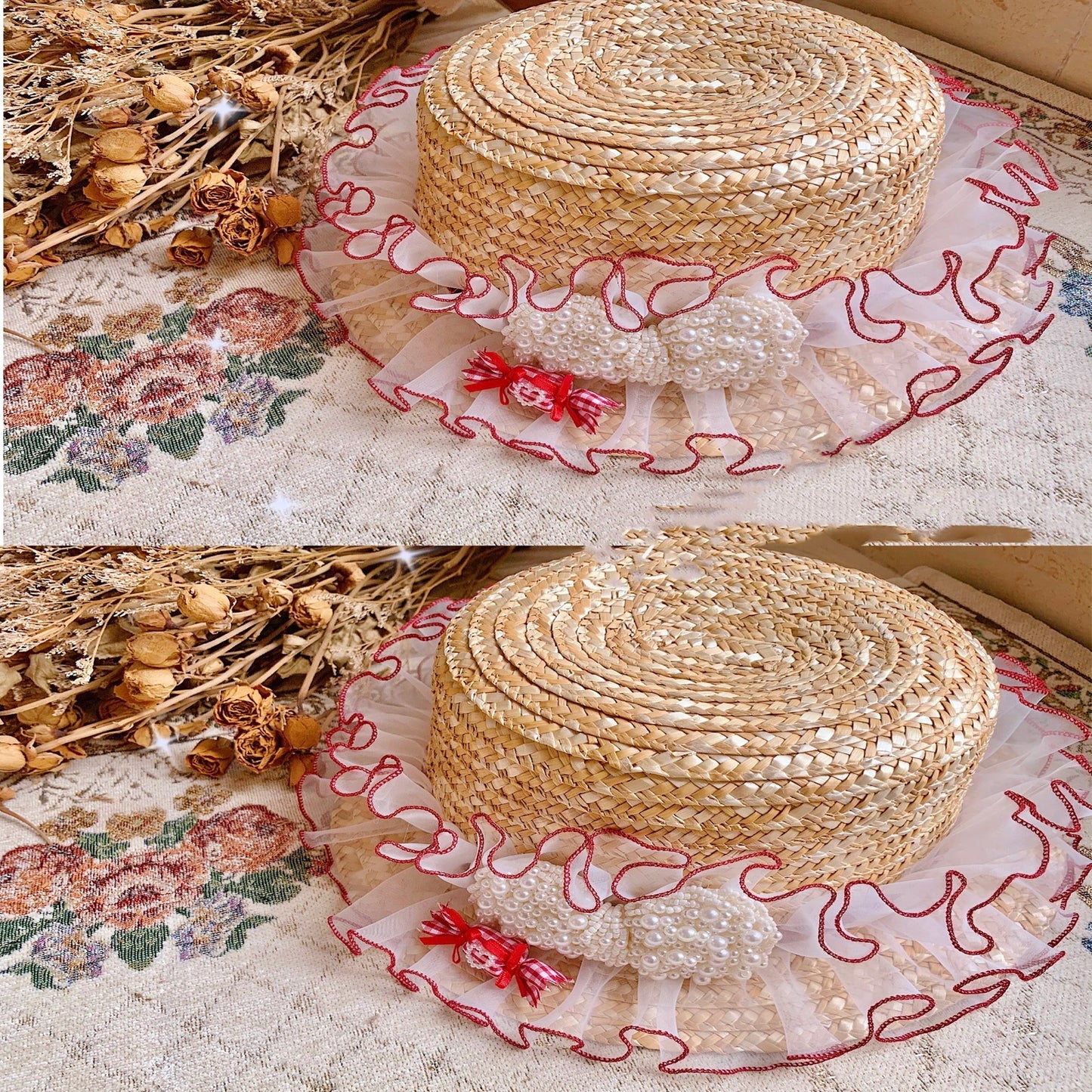 Girly candy pearl lace straw hat  WS3046