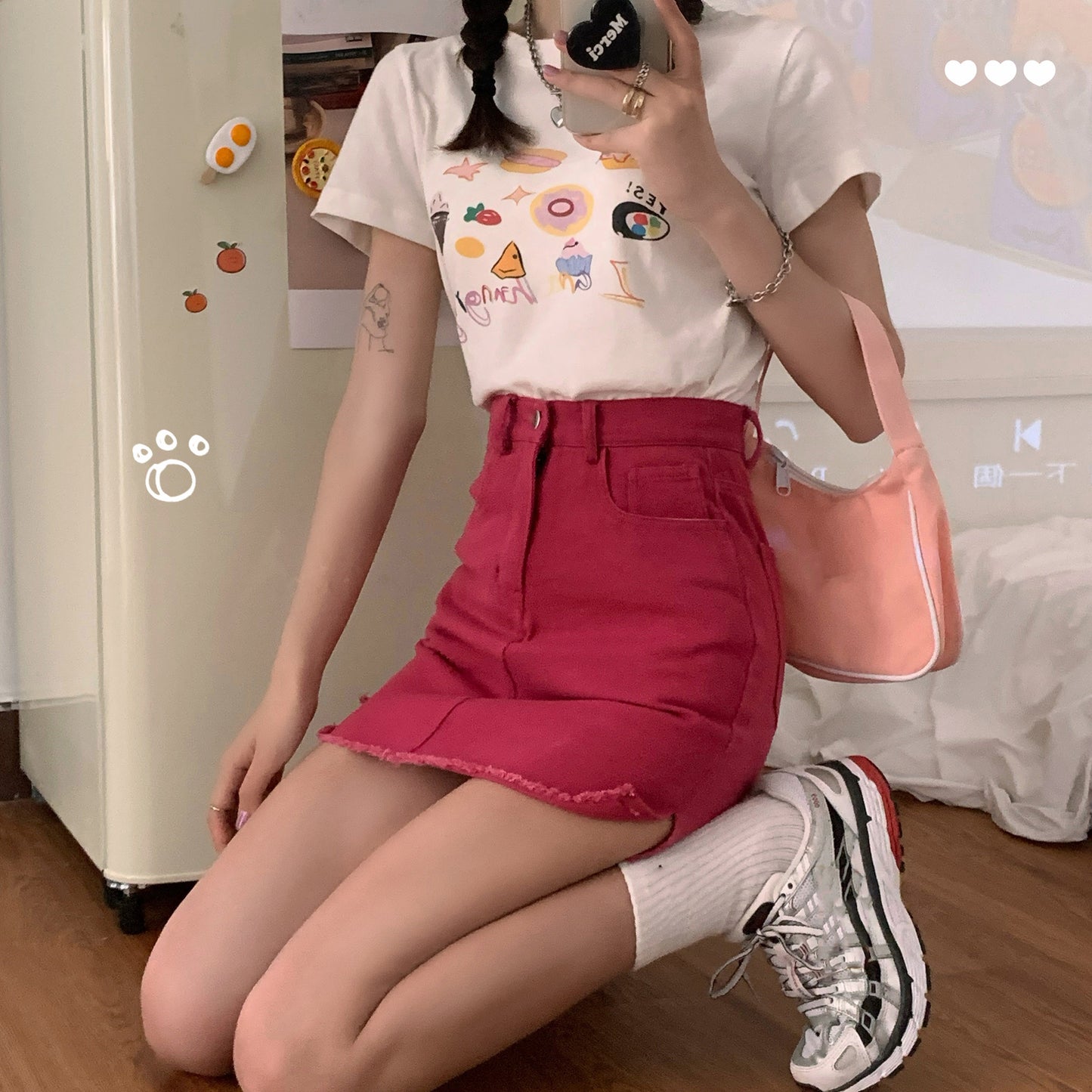 Strawberry Burger T-shirt and Rose Red Skirt SS2446