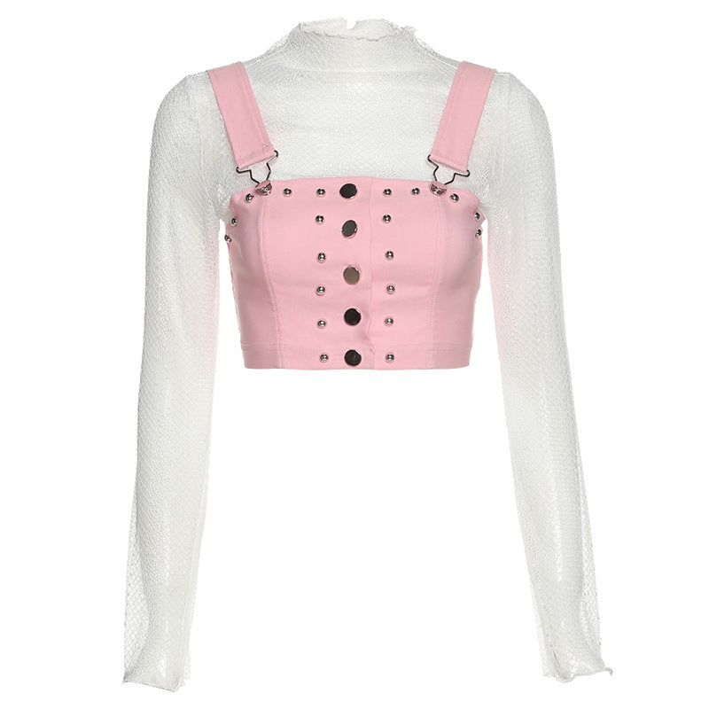 Studded pink vest lace stitching top SS2372