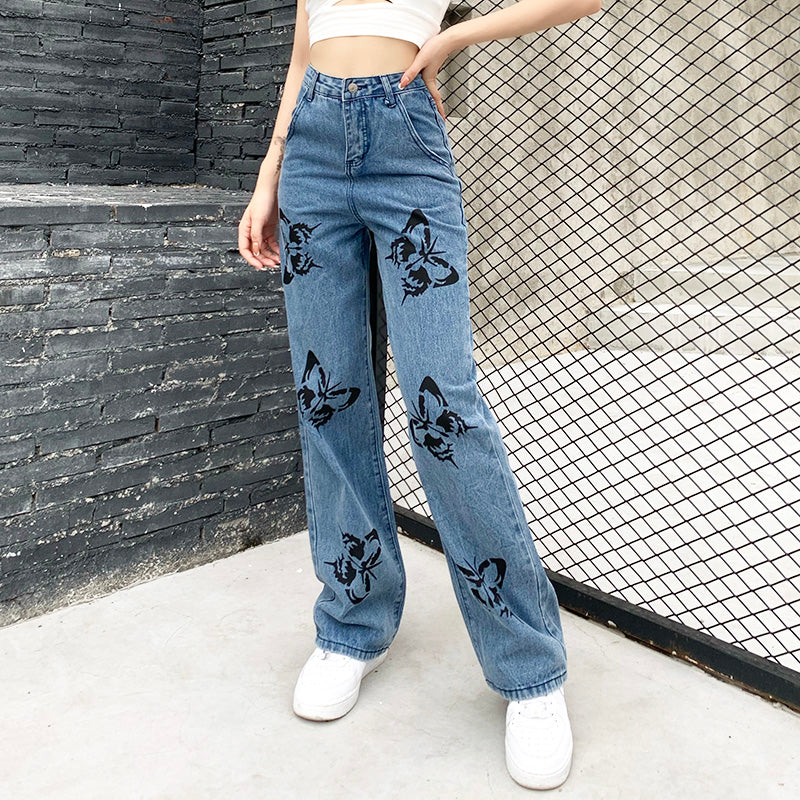 Butterfly print high-rise jeans SS2322