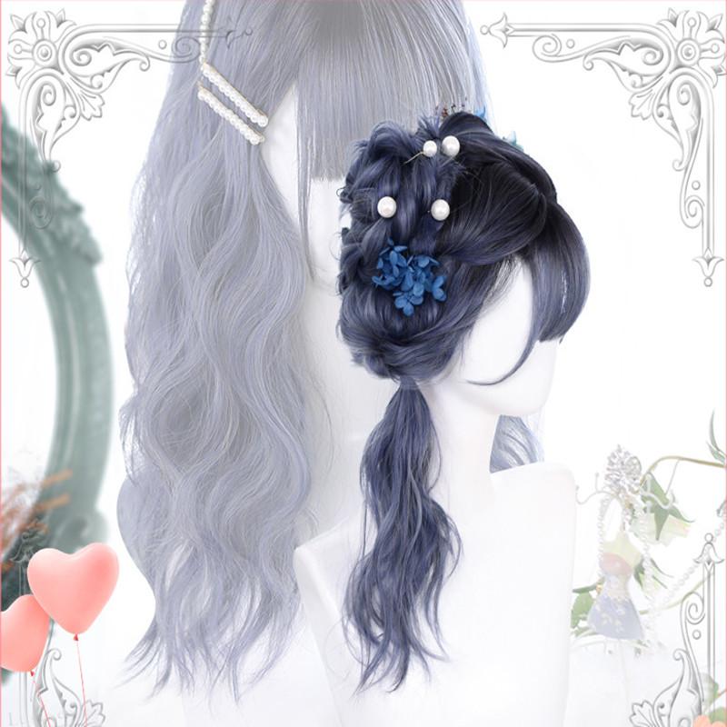 Harajuku Long Curly Hair Lolita Blue Brown Wig WS1308