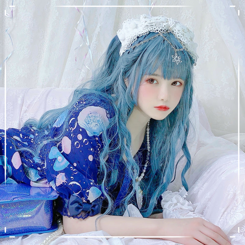 lolita haze blue long curly wig SS2830