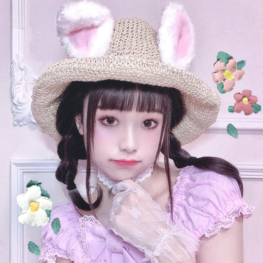 Straw hat with rabbit ears plush ears    WS3032