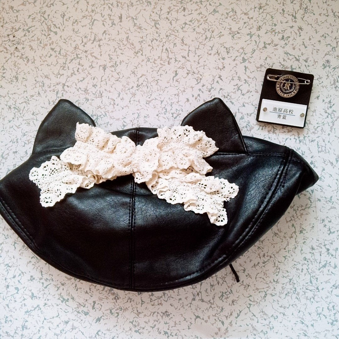 Leather black cat beret     WS3027