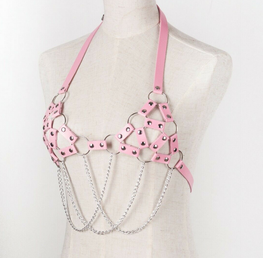 Pink strappy chain leather top SS2691