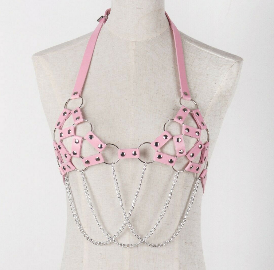 Pink strappy chain leather top SS2691