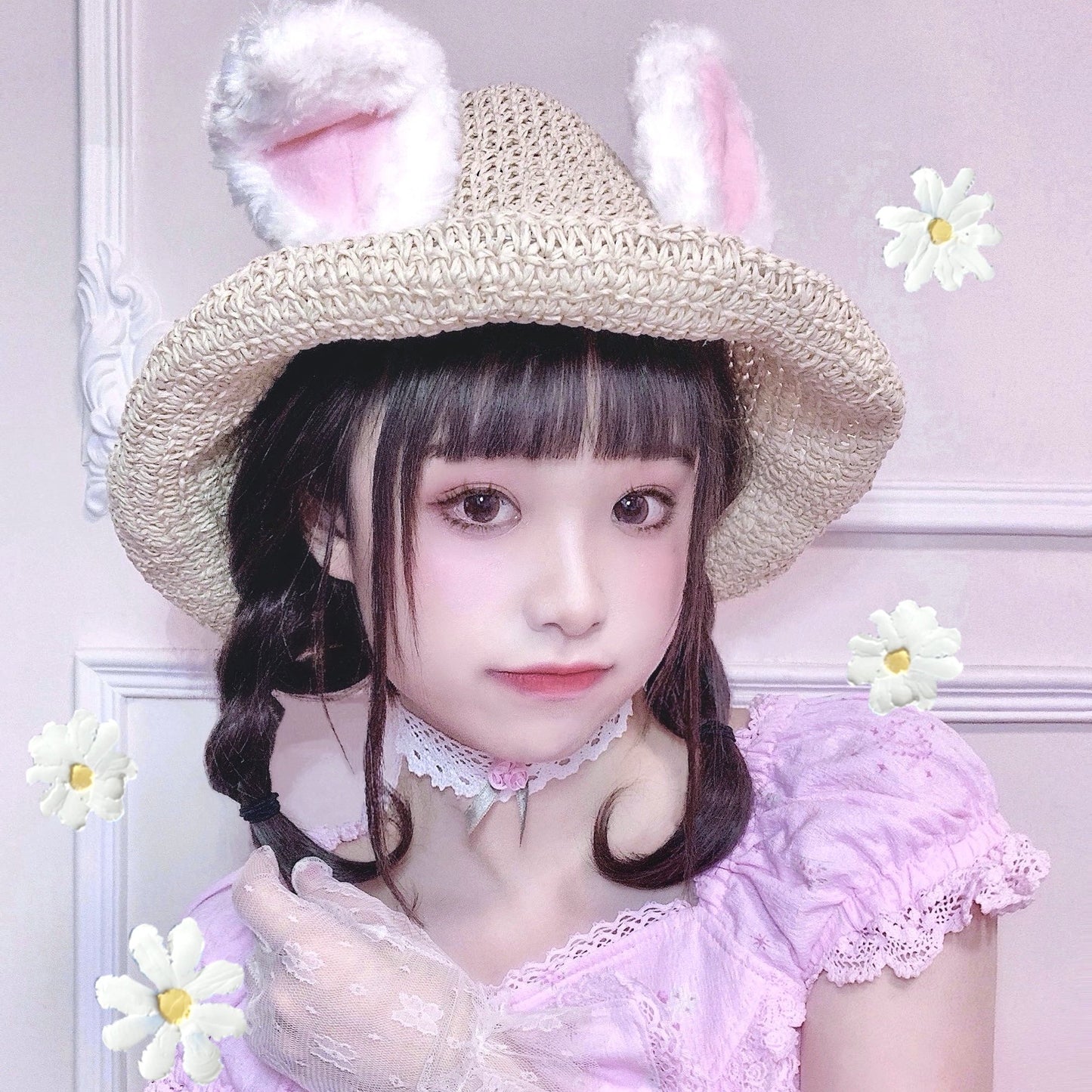 Straw hat with rabbit ears plush ears    WS3032