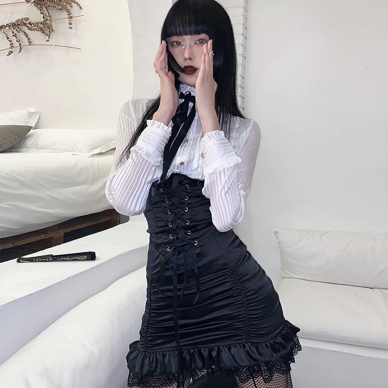 High waist skirt + shirt + suspenders ss3084