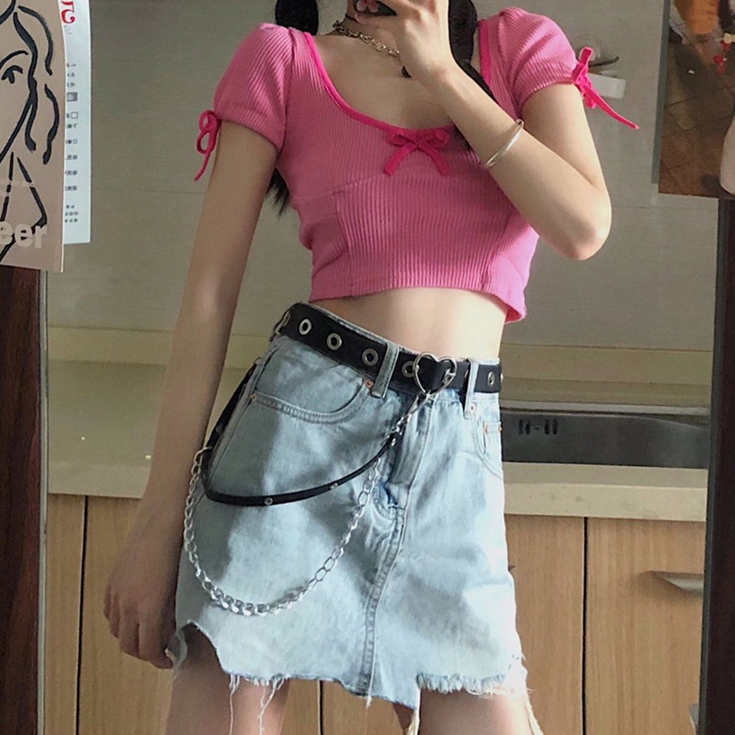 Sweetheart pink T-shirt and retro denim skirt SS2307