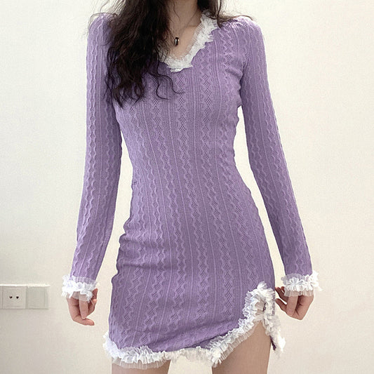 Purple stitching knitted dress SS2283