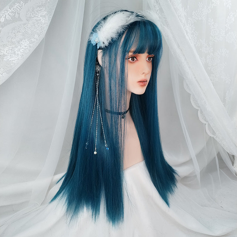 Fashion blue green long straight wig WS2222