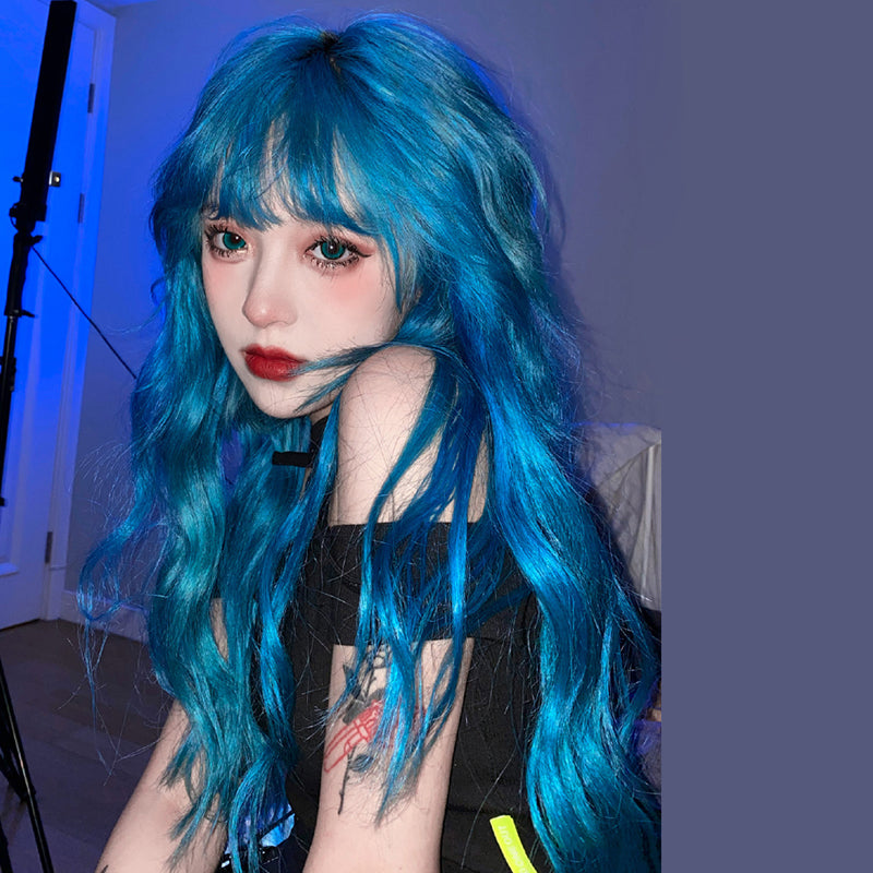 Cool girl blue long curly wig WS2295