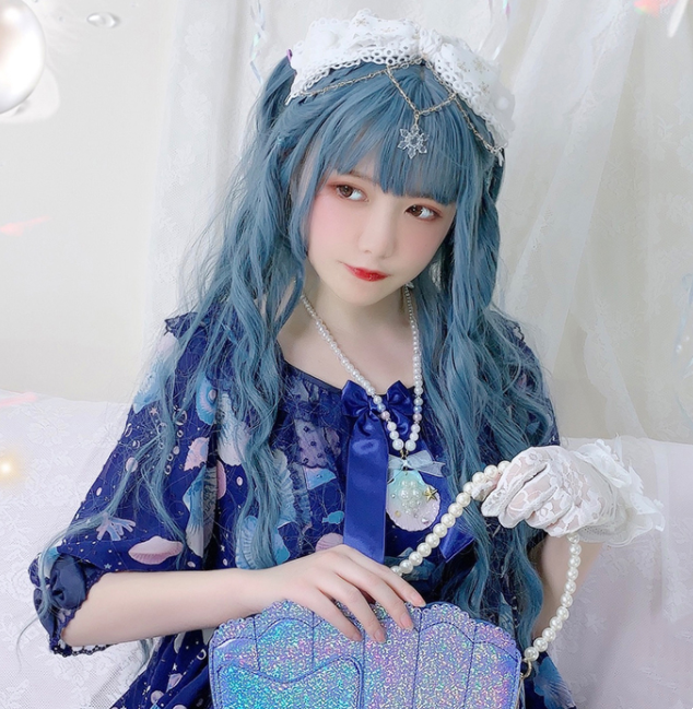 lolita haze blue long curly wig SS2830