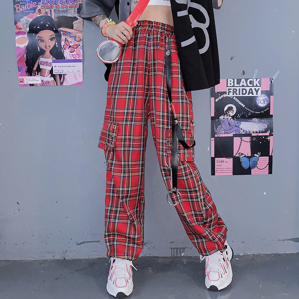 Red plaid straight-leg pants SS2052