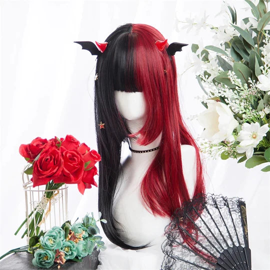 Red Black Colorblock Long Straight Wig  SS2976