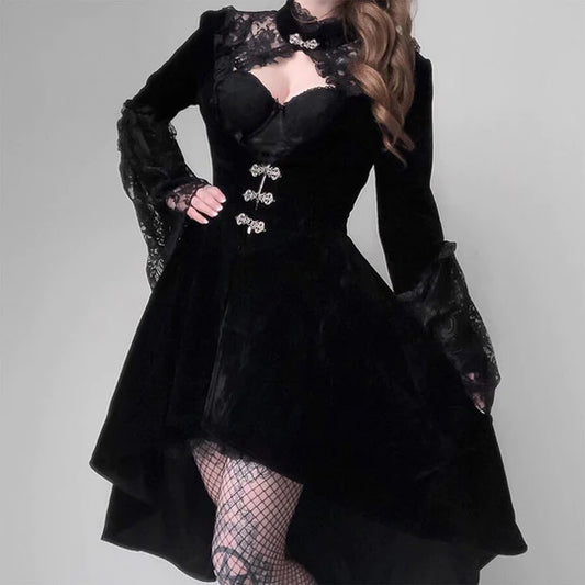 Black Lace Long Sleeve Lantern Sleeve Dress  SS2974