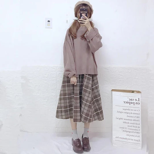 Lazy Sweater + Plaid Skirt ss3006