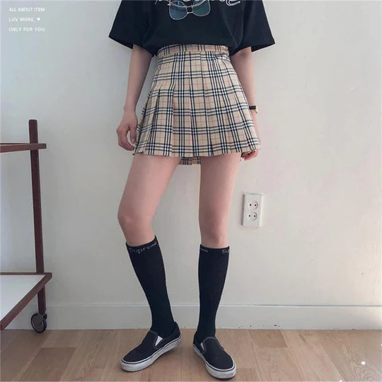 KHAKI PLAID PLEATED SKIRT SS3005